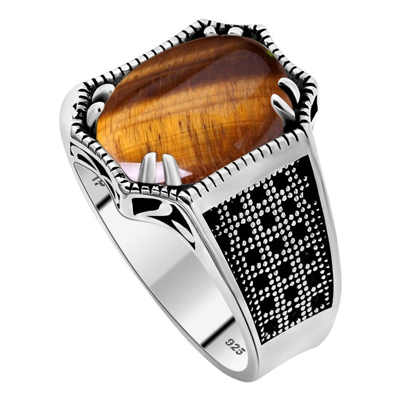 Anel Prata 925 Olho De Tigre Natural Cabochão Exclusivo