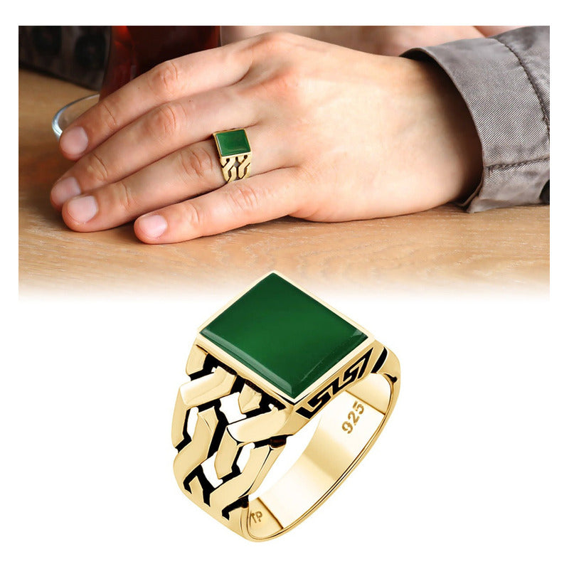 Anel Masculino Elos Prata 925 Dourada Ouro 18k - Ágata Verde Tamanho 32