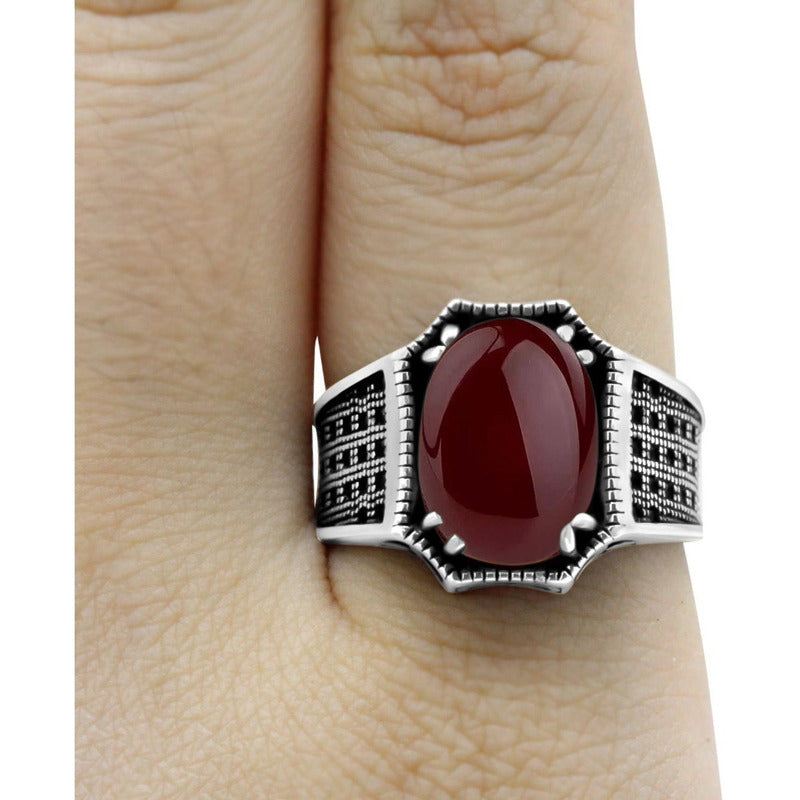 Anel Prata 925 Ágata Vermelha Natural Cabochão Exclusivo