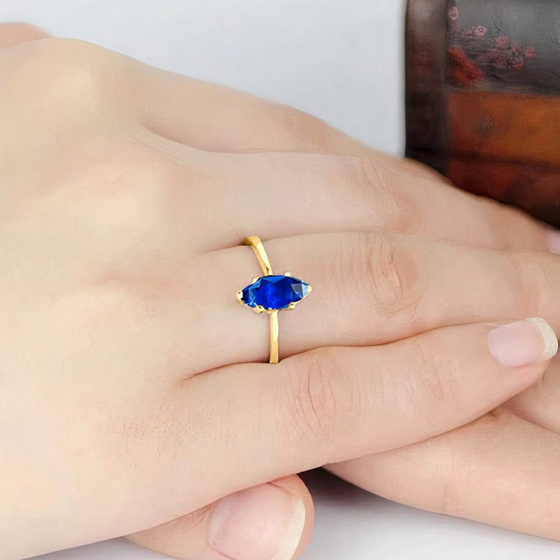 Anel Navete Prata 925 Dourada Ouro 18k - Safira