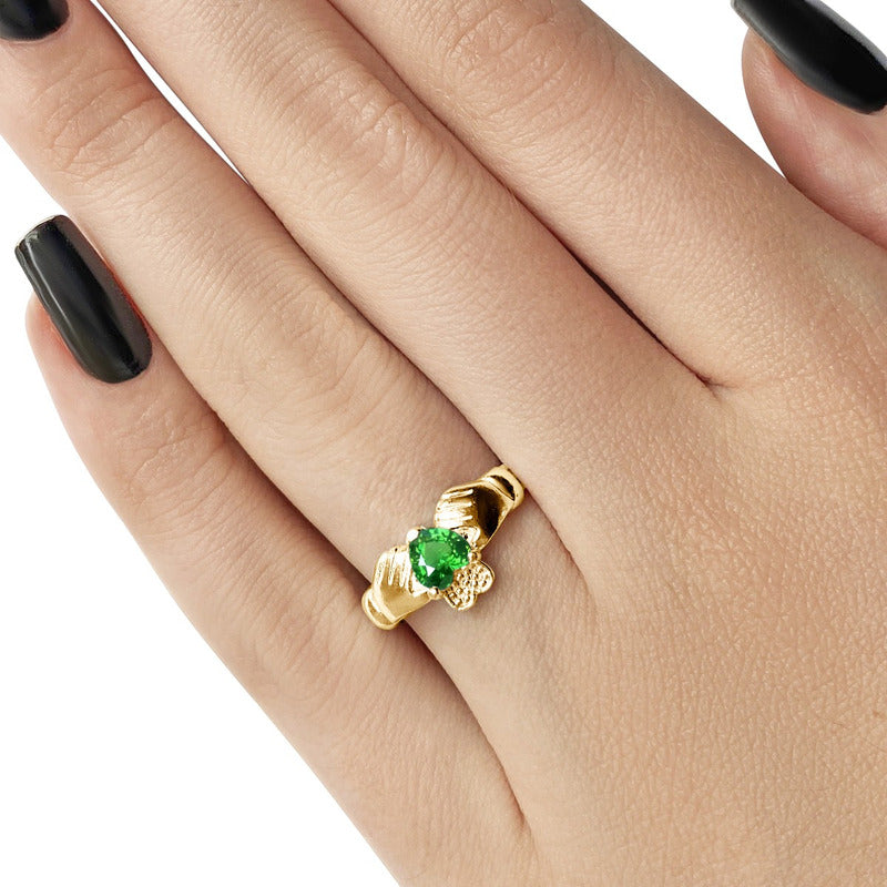 Anel Claddagh Irlandês Prata 925 Dourada 18k - Esmeralda