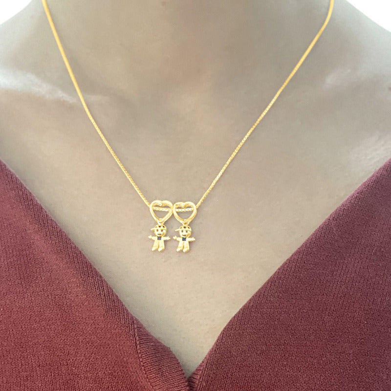 Colar Canga 2 Meninos Com Safiras Prata 925 Dourada Ouro 18k