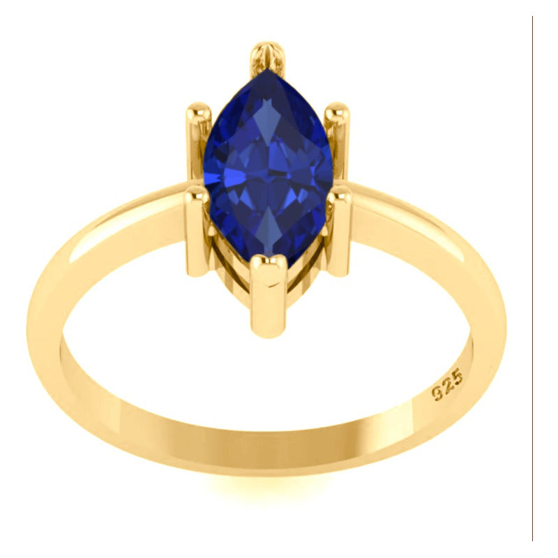 Anel Navete Prata 925 Dourada Ouro 18k - Safira