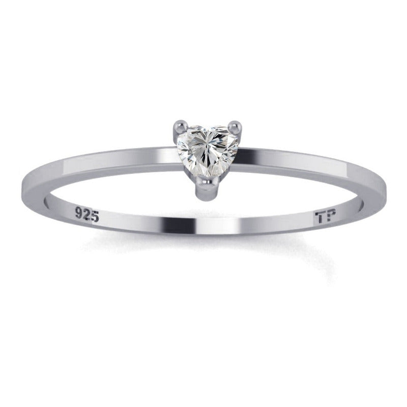 Anel Solitário Zirconia Coração Pura Prata 925 - Exclusivo