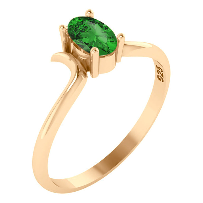 Anel Roma Solitário Prata 925 Dourada Ouro 18k - Esmeralda