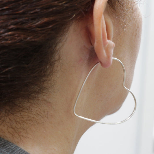 Argola Brinco Grande Coração Prata 925 - 5cm - Tubo Quadrado