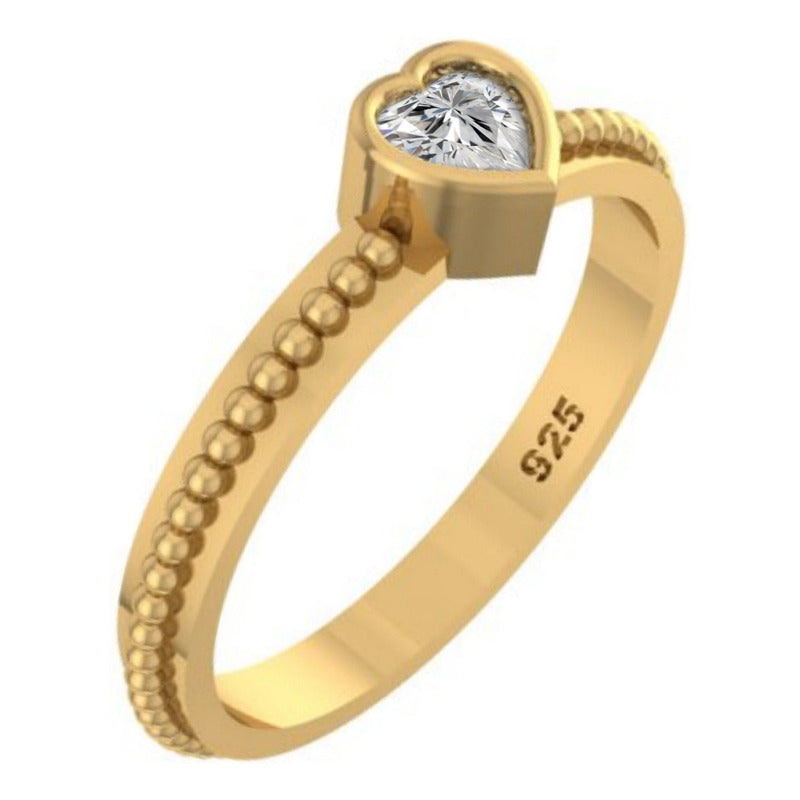 Anel Prata 925 Dourada 18k Solitário Coração - Zircônia