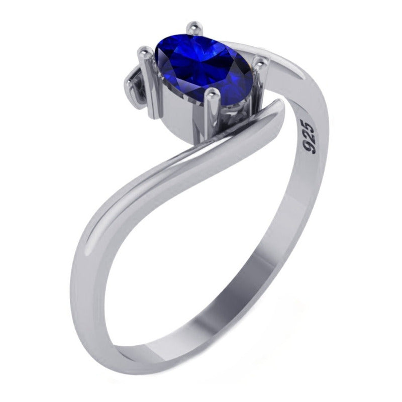 Anel De Prata 925 Solitário Miami Safira - Feminino