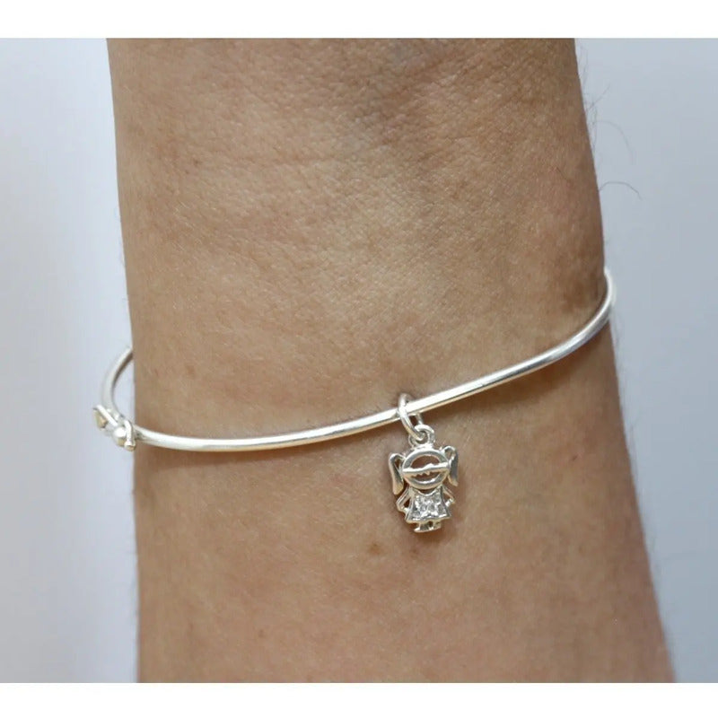 Pulseira Bracelete Rígido Prata 925 - Pingente Menina 19 Cm