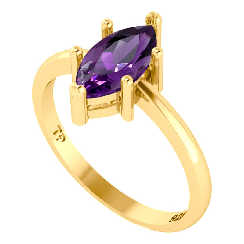 Anel Navete Prata 925 Dourada Ouro 18k - Ametista