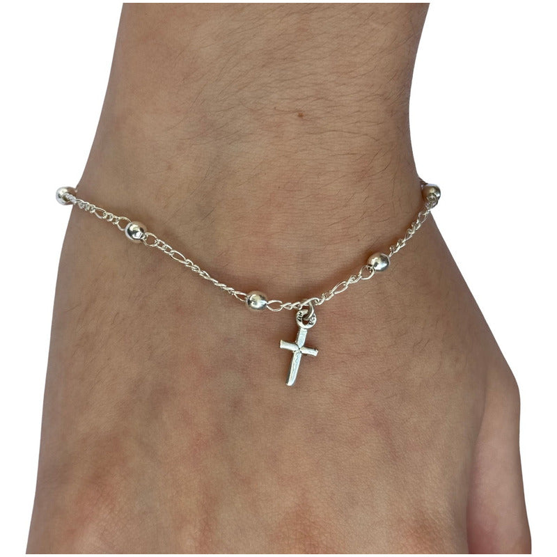 Pulseira Prata 925 Bolinha 3mm - Pingente Cruz