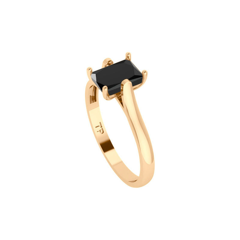 Anel Solitário Retangular Prata 925 Dourada 18k - Black Ônix
