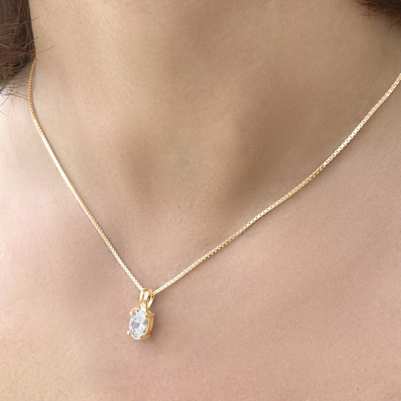Colar Pingente Oval Prata 925 Dourada 18k - Zircônia