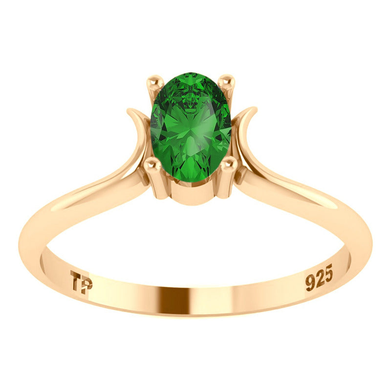 Anel Roma Solitário Prata 925 Dourada Ouro 18k - Esmeralda