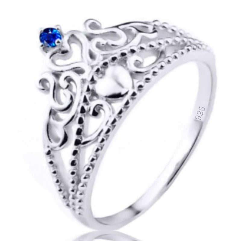 Anel Tiara Princesa Coração Prata 925 Safira - Exclusivo