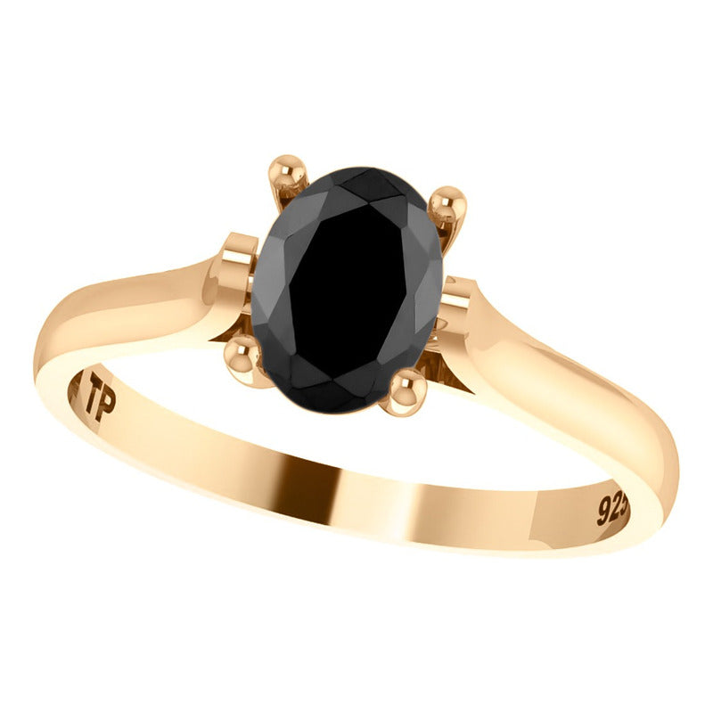 Anel Solitário Oval Em Prata 925 Dourada 18k - Black Ônix