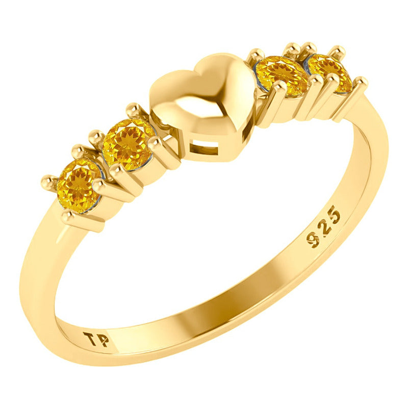 Anel Coração Sólido Prata 925 Dourada Ouro 18k - Citrino