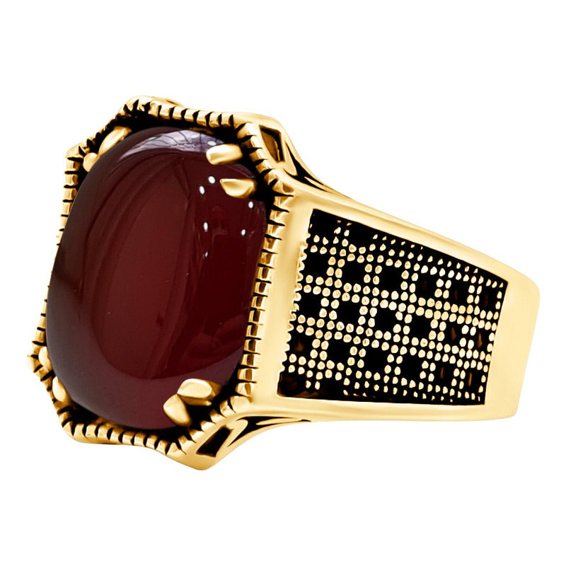 Anel Cabochão Prata 925 Dourada Ouro 18k - Ágata Vermelha