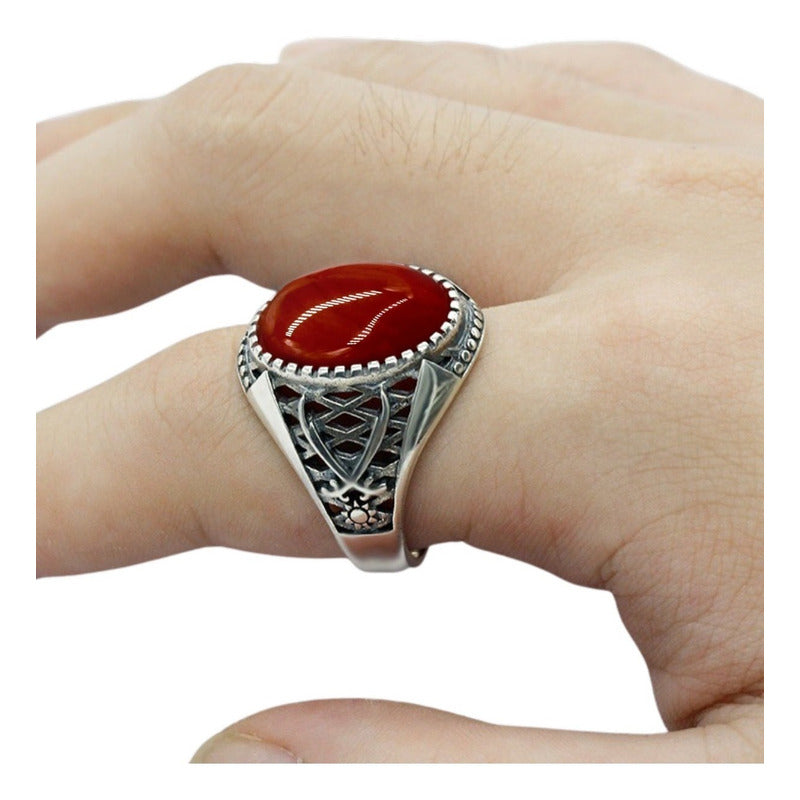 Anel Masculino De Prata 925 Oval Ágata Vermelha - Exclusivo