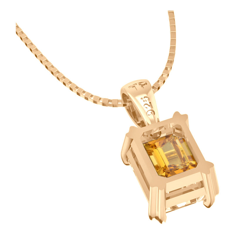 Colar Pingente Retangular Prata 925 Dourada 18k - Citrino