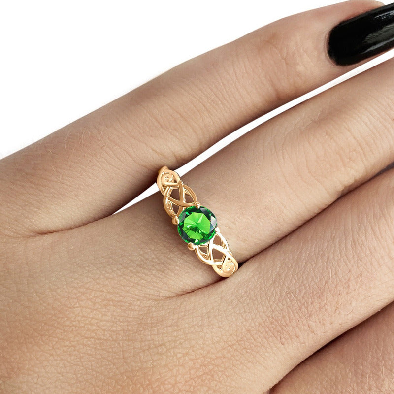 Anel Solitário Celta Knot Prata 925 Dourada 18k - Esmeralda