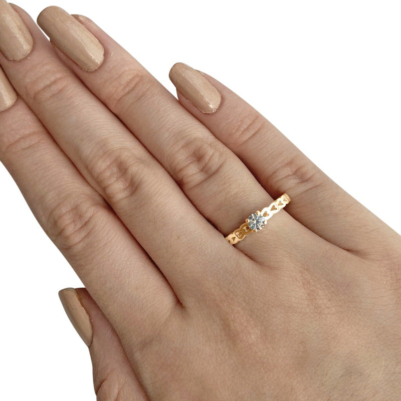 Anel Luxo Corações Prata 925 Dourada 18k Zircônia