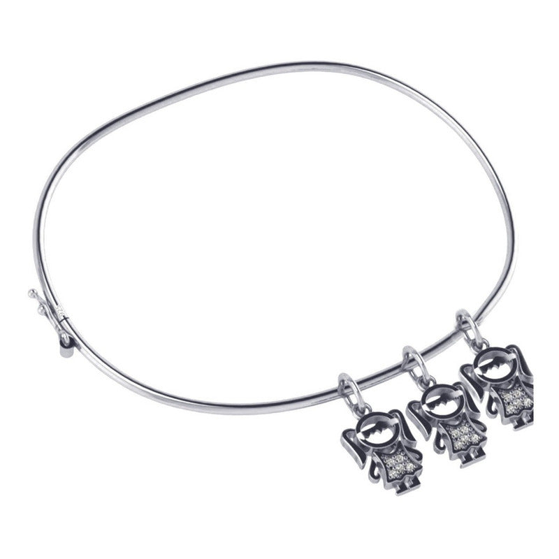 Pulseira Bracelete Rígido Prata 925 - Pingentes 3 Meninas