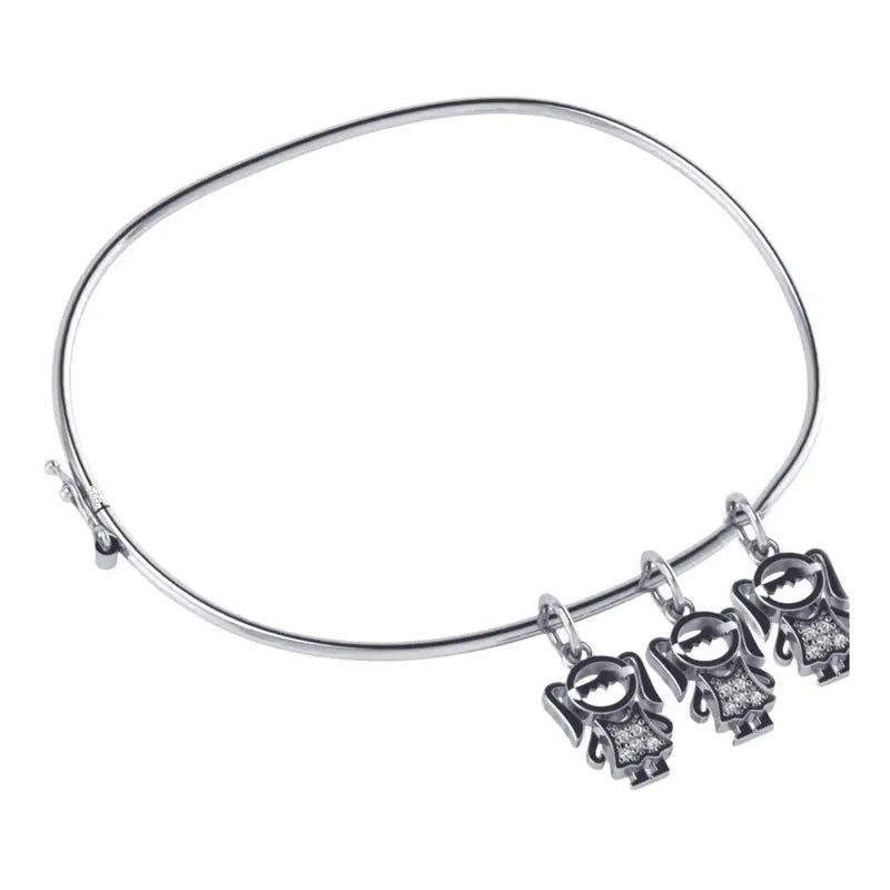 Pulseira Bracelete Rígido Prata 925 - Pingentes 3 Meninas 19 Cm