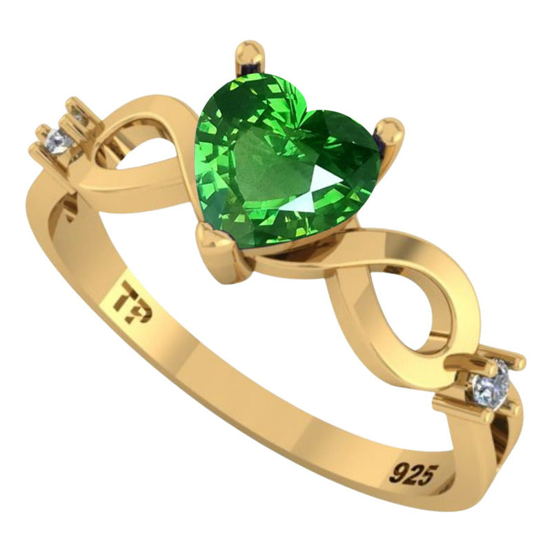 Anel Prata 925 Dourada 18k Infinito Amor Coração - Esmeralda