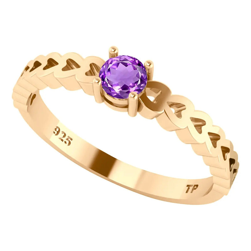 Anel Luxo Corações Prata 925 Dourada Ouro 18k - Roxo
