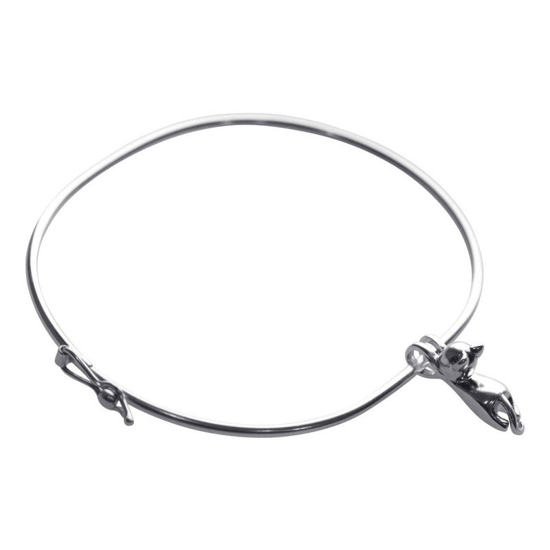 Pulseira Bracelete Rígido Prata 925 - Pingente Gatinho