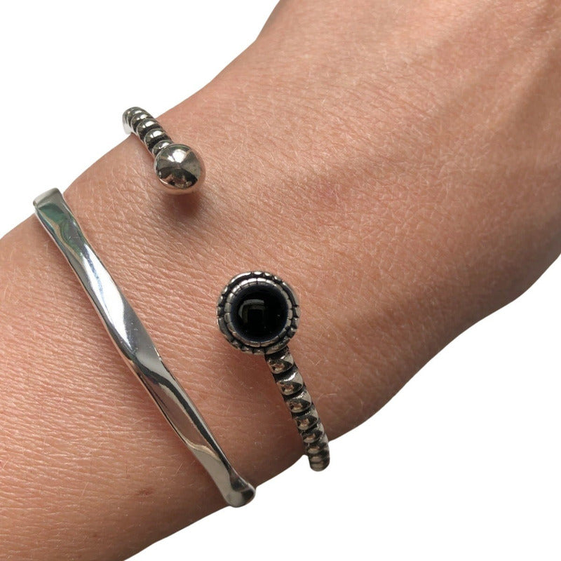 Pulseira Bracelete Black Onix Rígido Prata 925 - Unissex