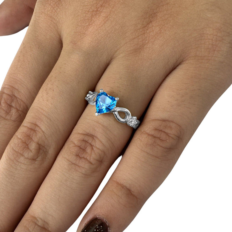 Anel Prata 925 Infinito Amor Coração - Topázio Azul