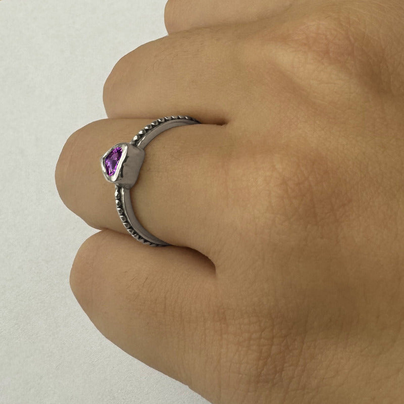 Pure 925 Silver Solitaire Amethyst Heart Ring - Exclusive