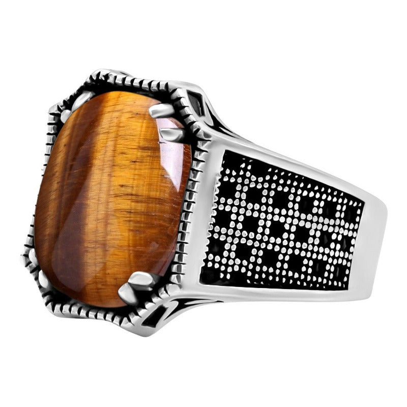 Anel Prata 925 Olho De Tigre Natural Cabochão Exclusivo