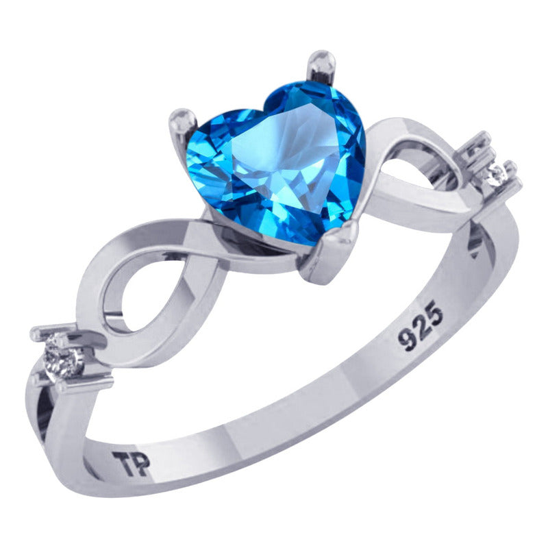 Anel Prata 925 Infinito Amor Coração - Topázio Azul