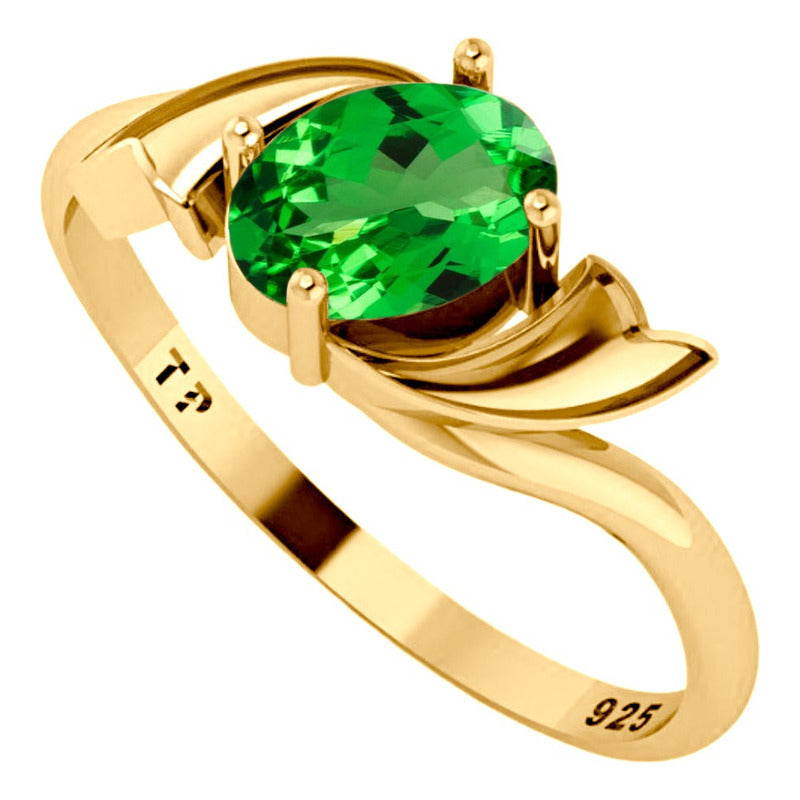 Anel Wings Prata 925 Dourada Ouro 18k - Esmeralda Oval