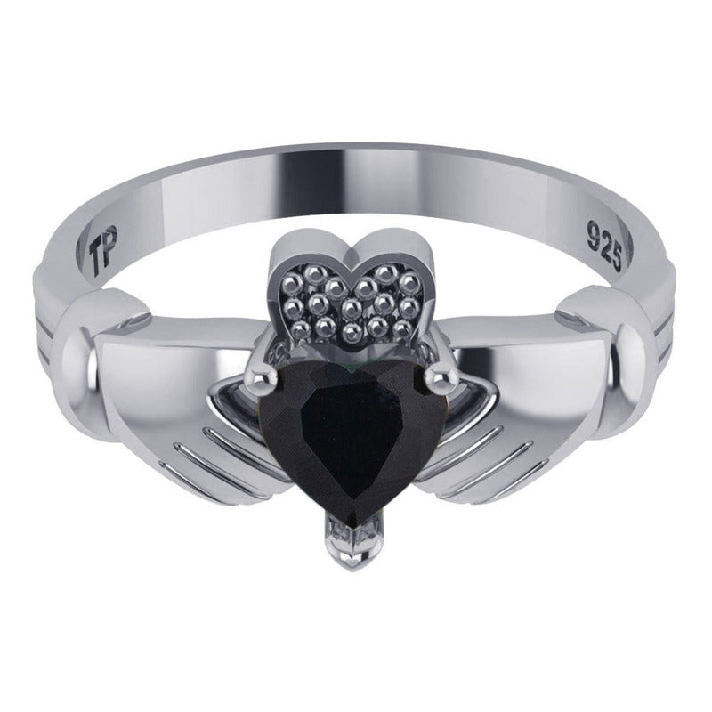 Anel De Prata 925 Claddagh Black Ônix - Unissex