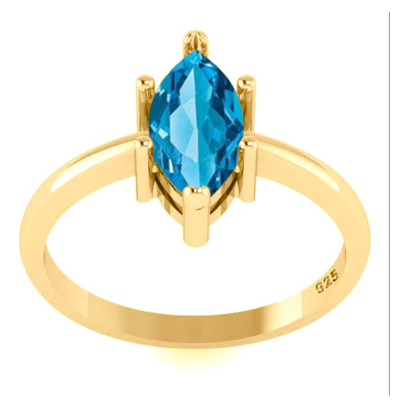 Anel Navete Prata 925 Dourada Ouro 18k - Topázio Azul