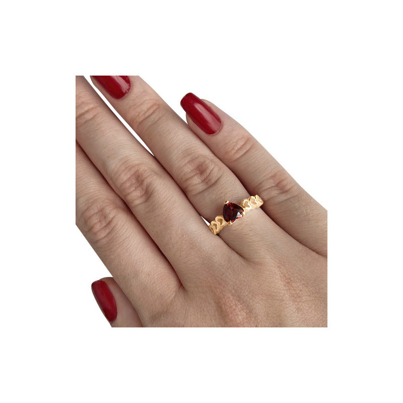 Anel Luxo Coração Prata 925 Dourada A Ouro 18k - Granada