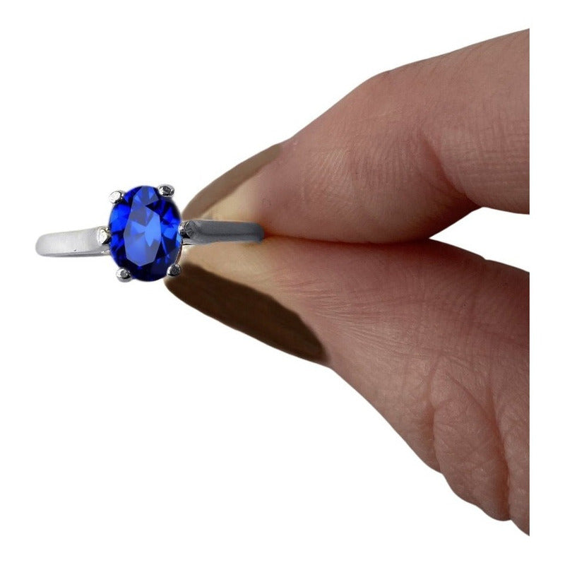 Anel Solitário Prata 925 Safira Azul Oval - Exclusivo
