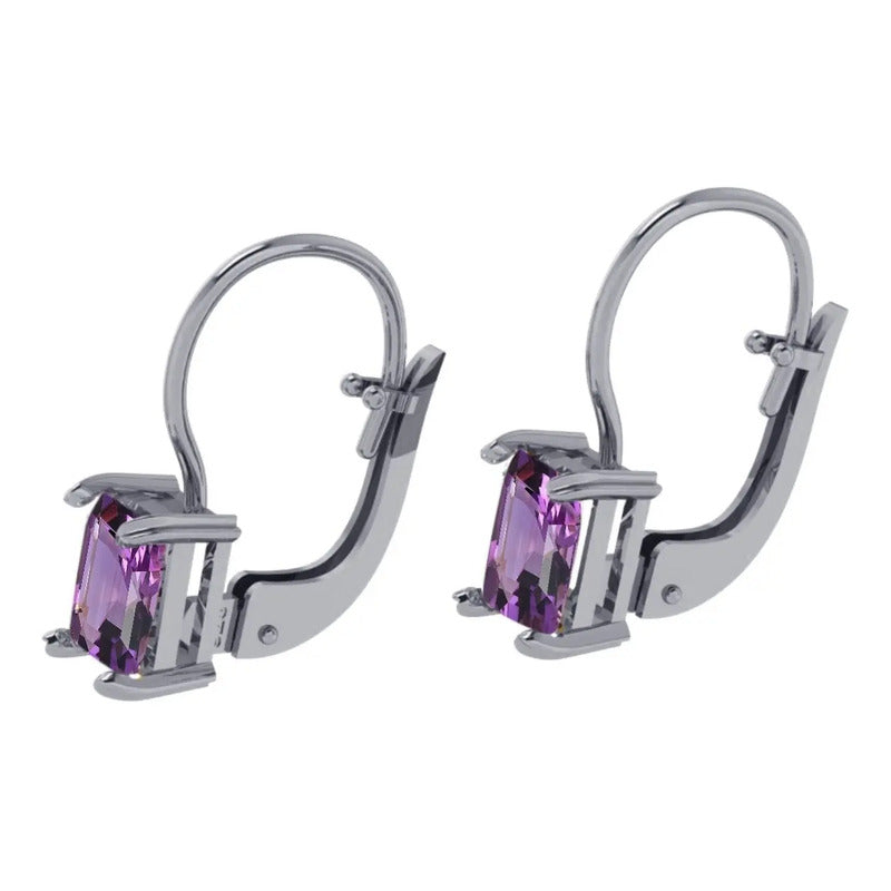 Brinco Trava Prata 925 Ametista Retangular - Exclusivo Roxo
