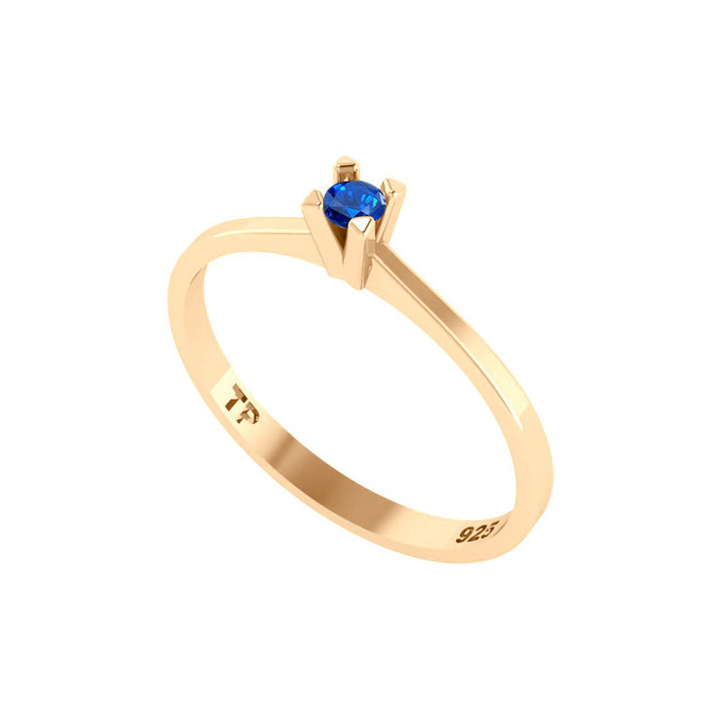 Anel Solitário Prata 925 Dourada 18k - Safira