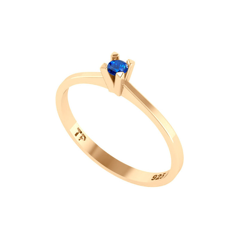 Anel Solitário Prata 925 Dourada 18k - Safira