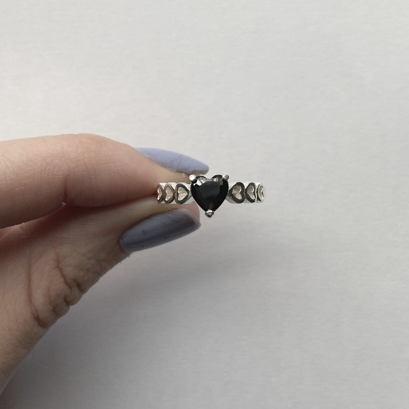 Anel Luxo Pura Prata 925 Black Onix Coração - Exclusivo