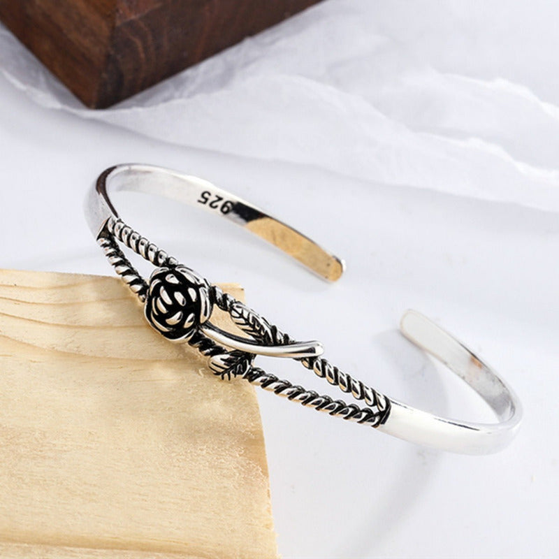 Pulseira Bracelete Floral Rígido Maciço Prata 925 - Feminino