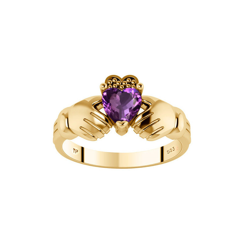 Anel Claddagh Irlandês Prata 925 Dourada 18k - Ametista