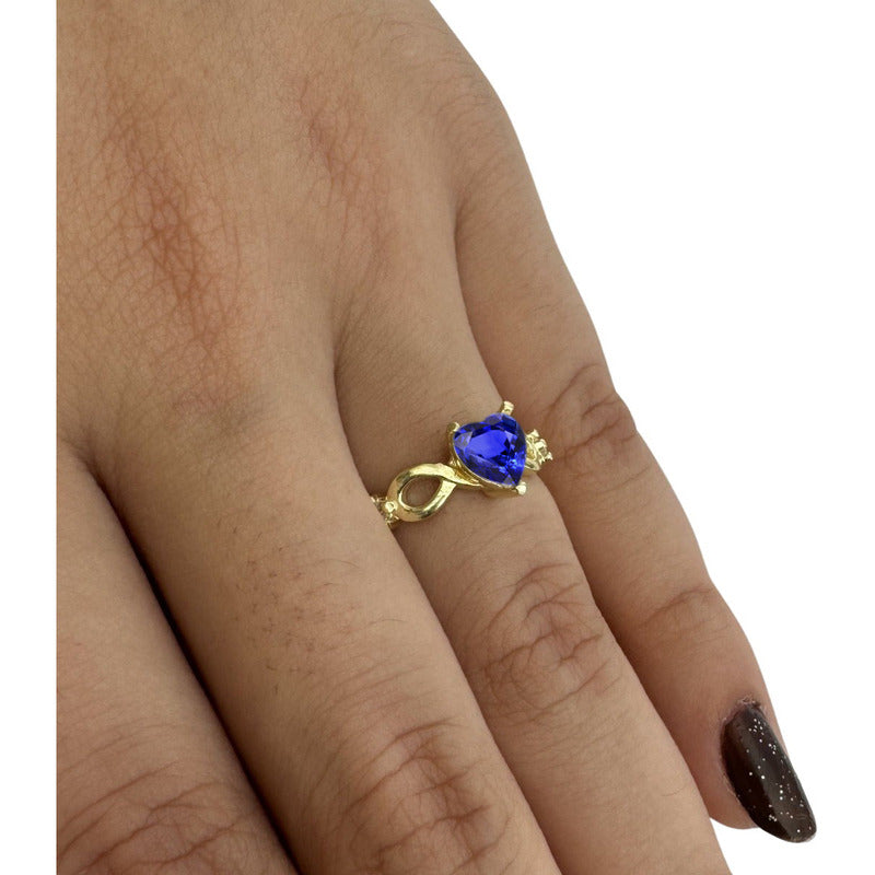 Anel Prata 925 Dourada 18k Infinito Amor Coração - Safira