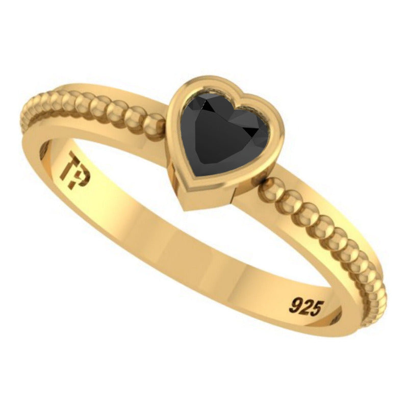 Anel Prata 925 Dourada 18k Solitário Coração - Onix