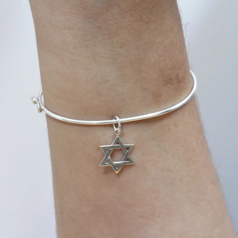 Pulseira Bracelete Rígido Prata 925 - Estrela De David 19 Cm